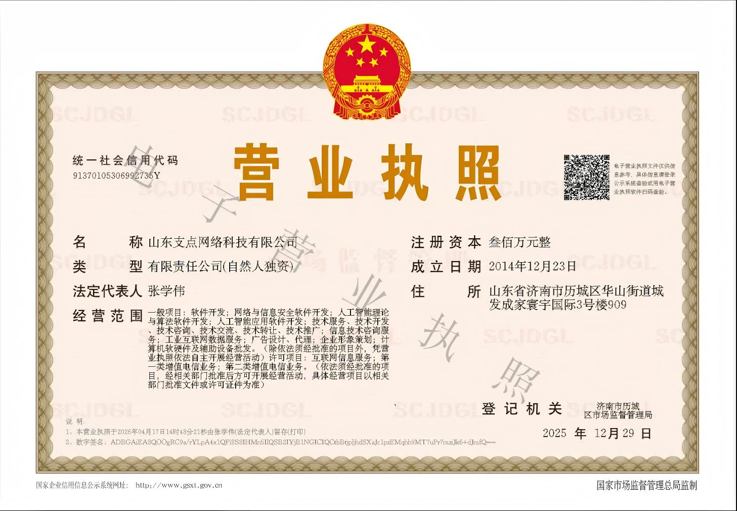 山东支点网络科技有限公司电子营业执照